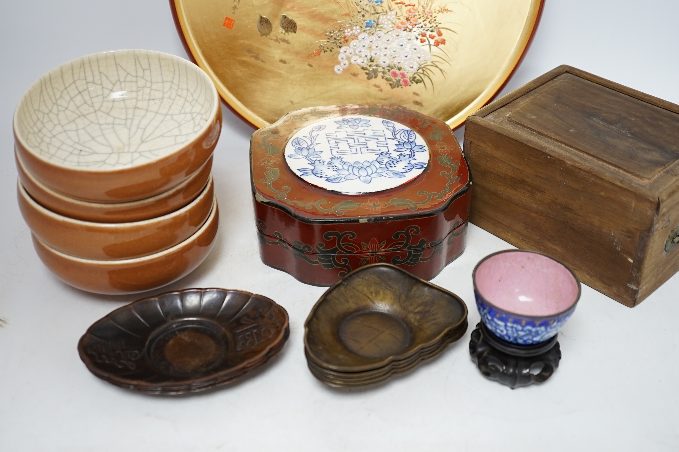 A quantity of Chinese items including a Canton enamel cup, set of four crackle glazed bowls and a gilt tray decorated with flowers and quails, largest 30cm diameter. Condition - fair